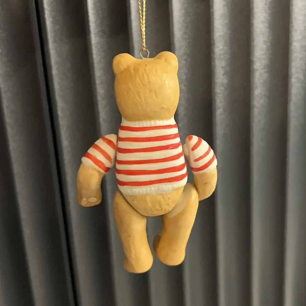 Vintage Jointed Ceramic Teddy Bear Ornament Striped Red White Preppy Nautical